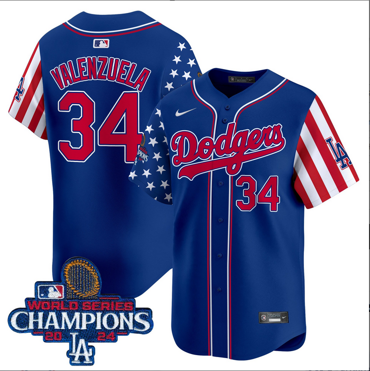 Men MLB Los Angeles Dodgers #34 Valenzuela American Style blue 2024 World Series Champions  Limited Jersey